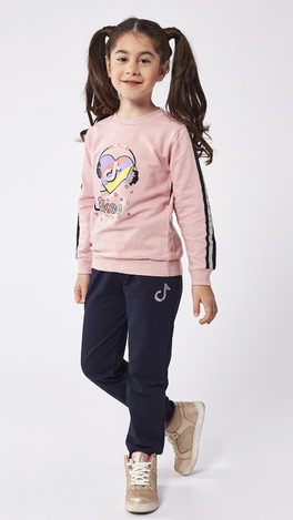 EBITA tracksuit set, pink color sweatshirt with "tik tok" print on the front, and sweatpants with elastic at the hem.