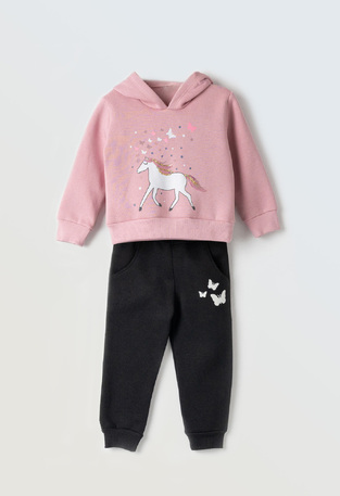 EBITA tracksuit set in pink color with hood and embossed unicorn print.