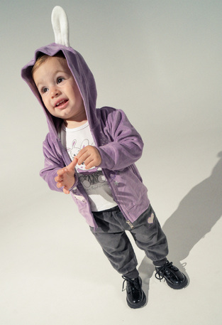 Set of 3 velvet jumpsuits. EBITA in purple color with embossed bunnies print. 