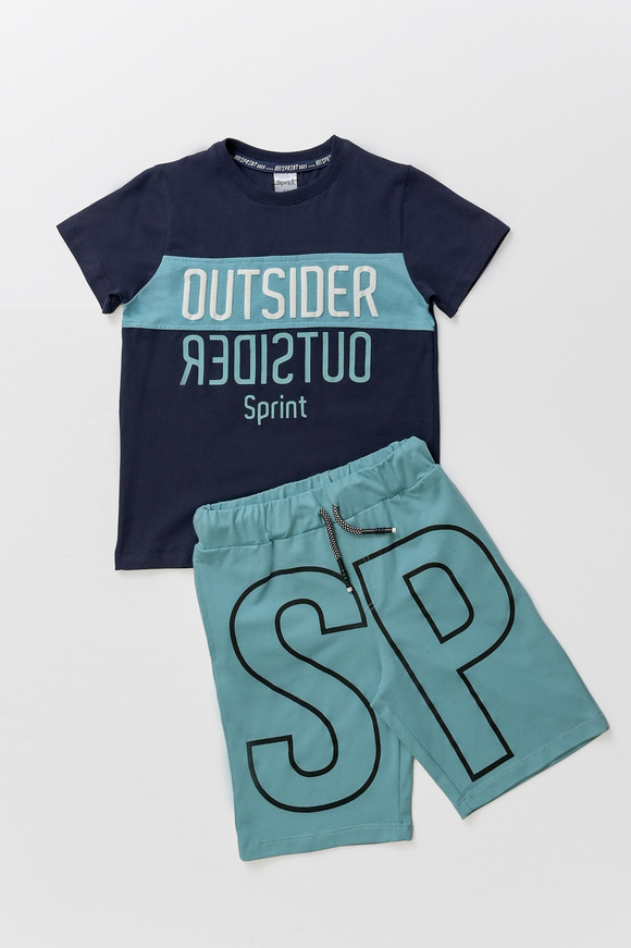 SPRINT shorts set in blue with "OUTSIDER" logo.