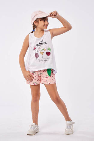 EBITA shorts set, sleeveless blouse with sequins and pink shorts with all over design.