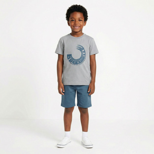 TRAX shorts set in gray-blue rafa with print on the front.