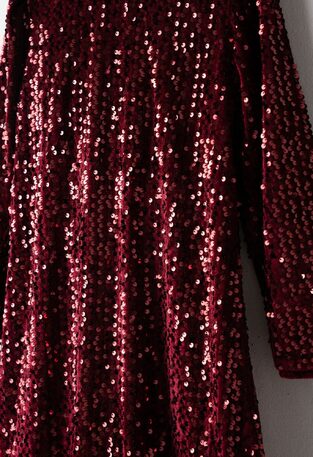 EVITA velvet dress in burgundy color with sequins and matching bag.