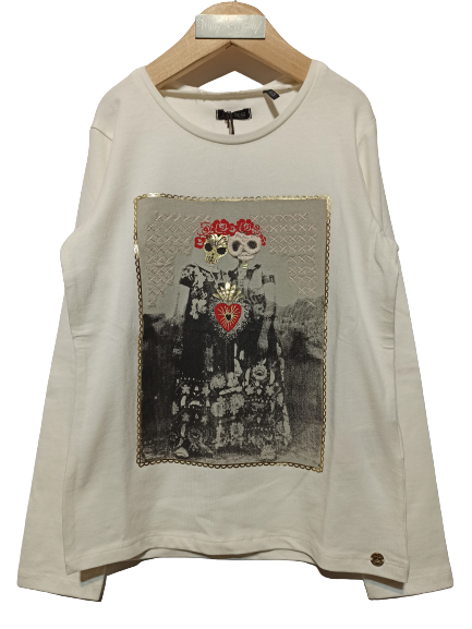 IKKS blouse in off-white color with round neck and embossed print.