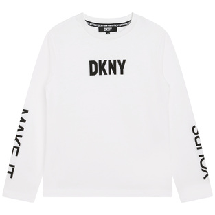Μπλούζα D.K.N.Y. σε λευκό χρώμα με λογότυπο "MAKE IT YOURS" στα μανίκια.