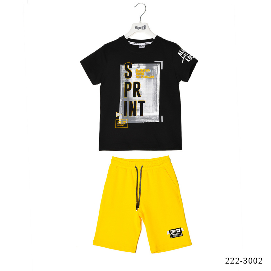 Set of SPRINT shorts, shirt with print on the sleeve and shorts in yellow color.
