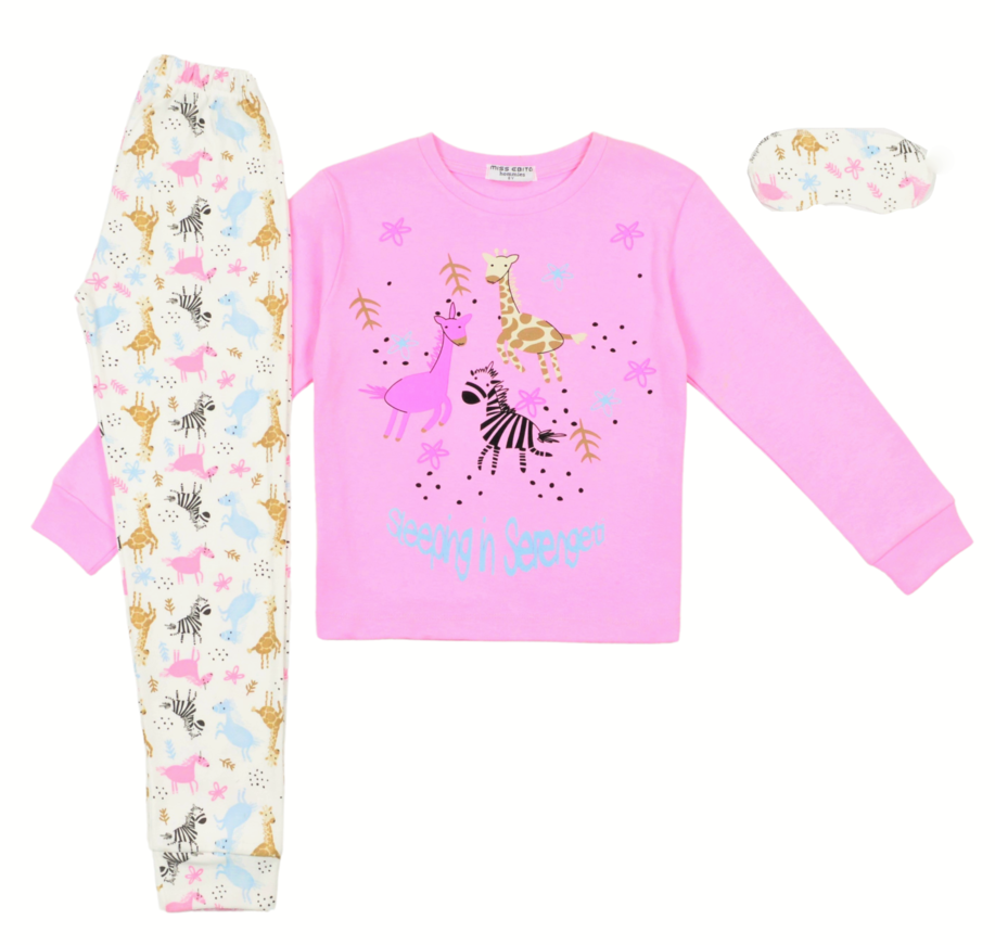 HOMMIES pajama in pink buffy color with embossed animal print and matching sleep mask.