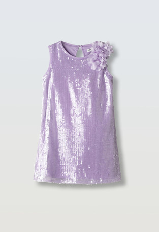 Sleeveless dress EVITA with sequins on the front in lilac color.