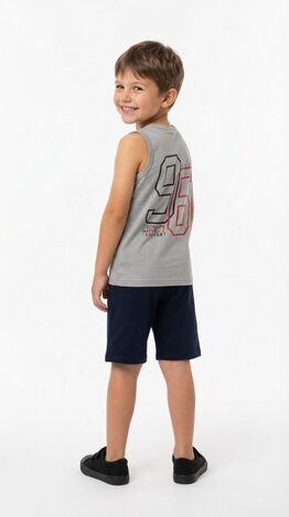 TRAX sleeveless blouse and shorts set in dark gray-blue.