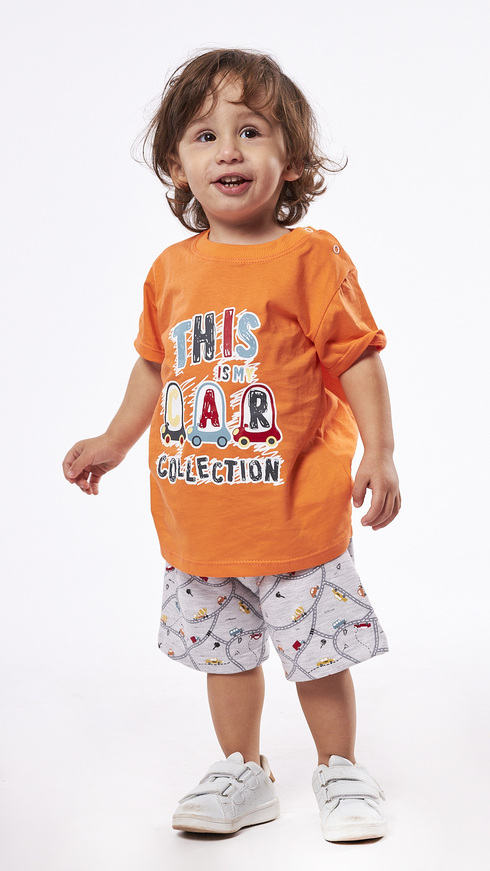 Set of orange HASHTAG shorts with "CAR" print and hat.