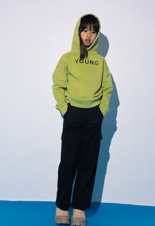 EBITA bodysuit set in light green with "YOUNG GIRL" logo embossed.