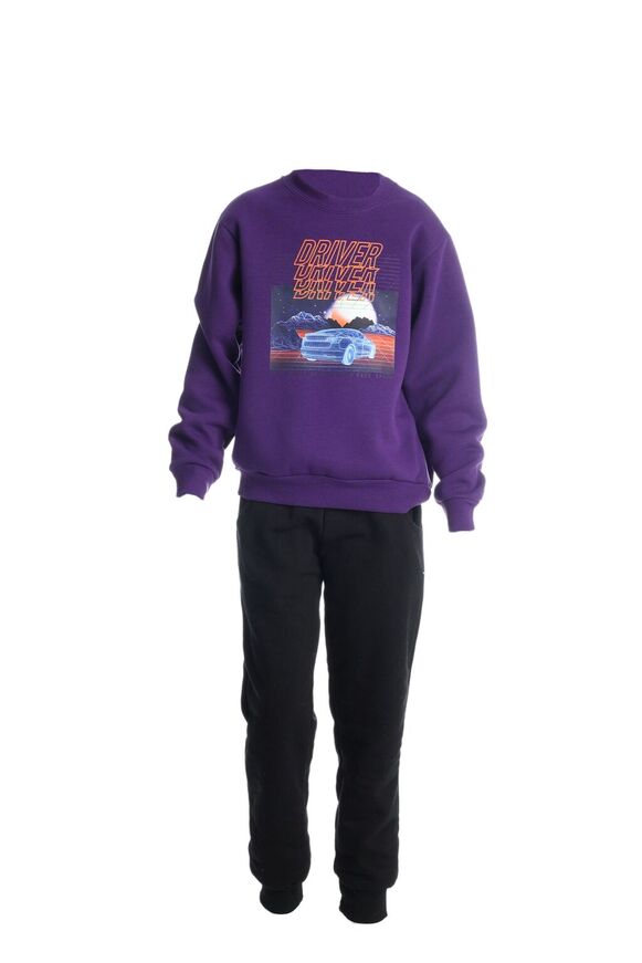 JOYCE jumpsuit set in purple color with "DRIVER" print.