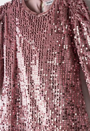 EVITA velvet dress with matching bag in dark pink with sequins.