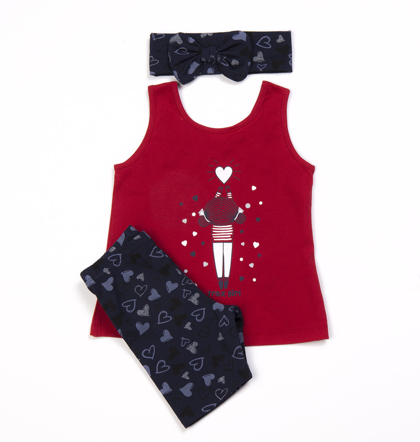 TRAX leggings set, red blouse with embossed print, leggings with all over heart print and matching ribbon.