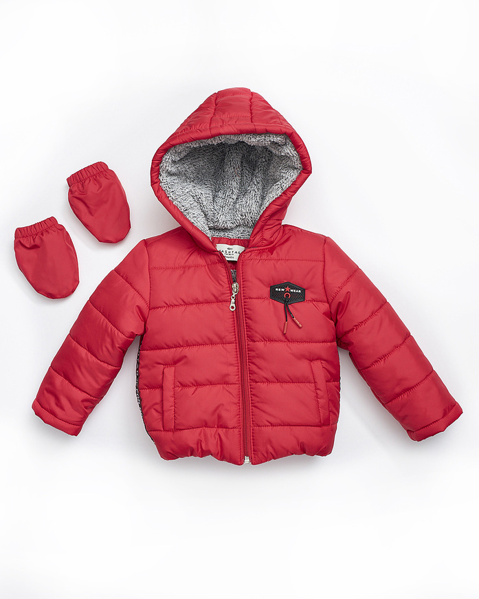 HASHTAG jacket in red color with gloves.