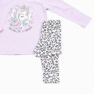 Seasonal set of TRAX leggings in lilac color with embossed unicorn print.