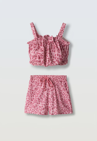 EVITA shorts set in fuchsia color with animal print.