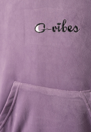 EBITA velor jumpsuit set in purple color with hood.