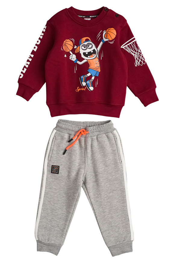 SPRINT tracksuit set in burgundy color with an embossed basketball player print.