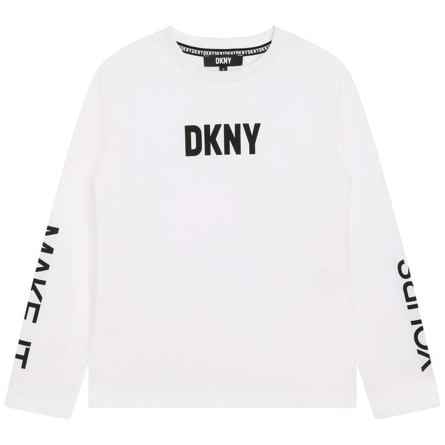 Blouse D.K.N.Y. in white color with "MAKE IT YOURS" logo on the sleeves.