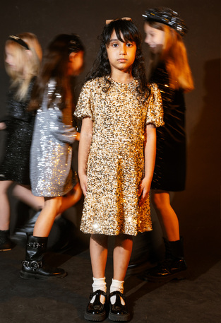 EVITA velvet dress in beige color with gold sequins.