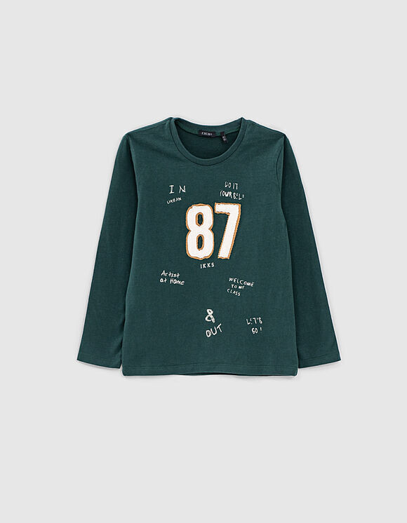 IKKS organic cotton blouse in dark green color with appliqué embroidery.