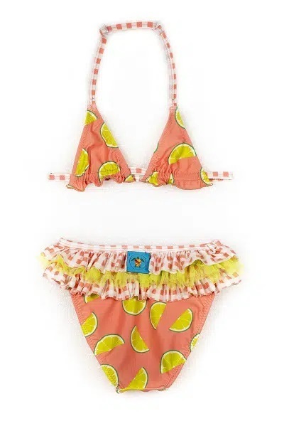 TORTUE bikini swimsuit in coral color with ruffles.