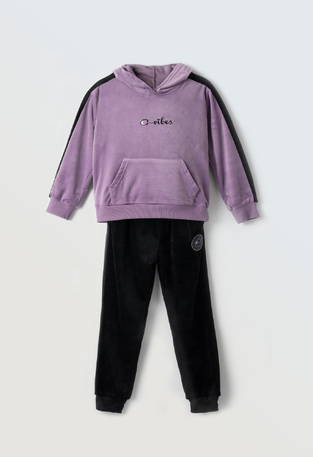 EBITA velor jumpsuit set in purple color with hood.