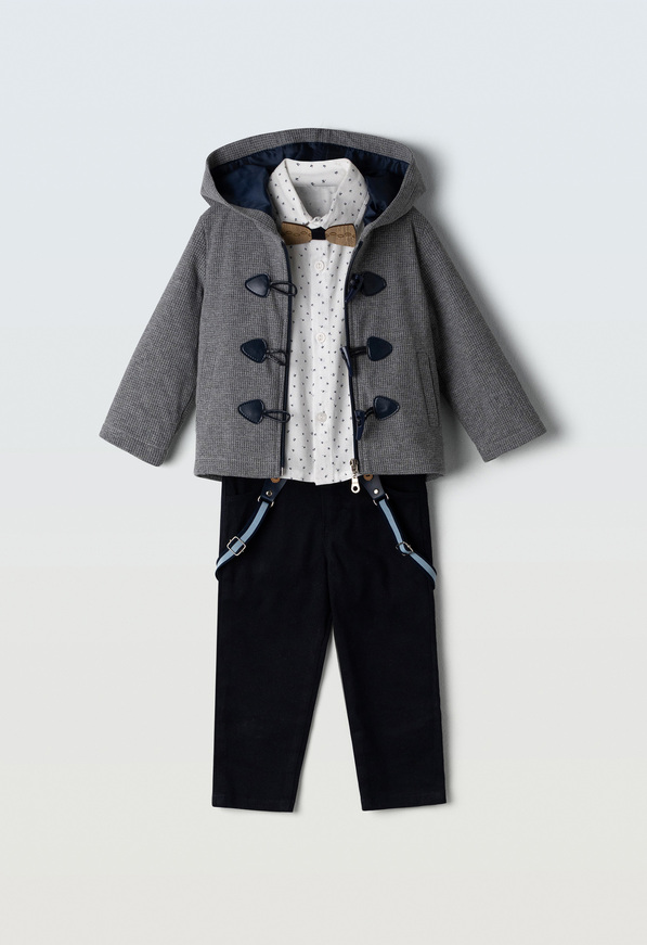 Σετ 3 τεμ. HASHTAG, πουκάμισο με παπιγιόν, παντελόνι με τιράντες και παλτό με κουκούλα.