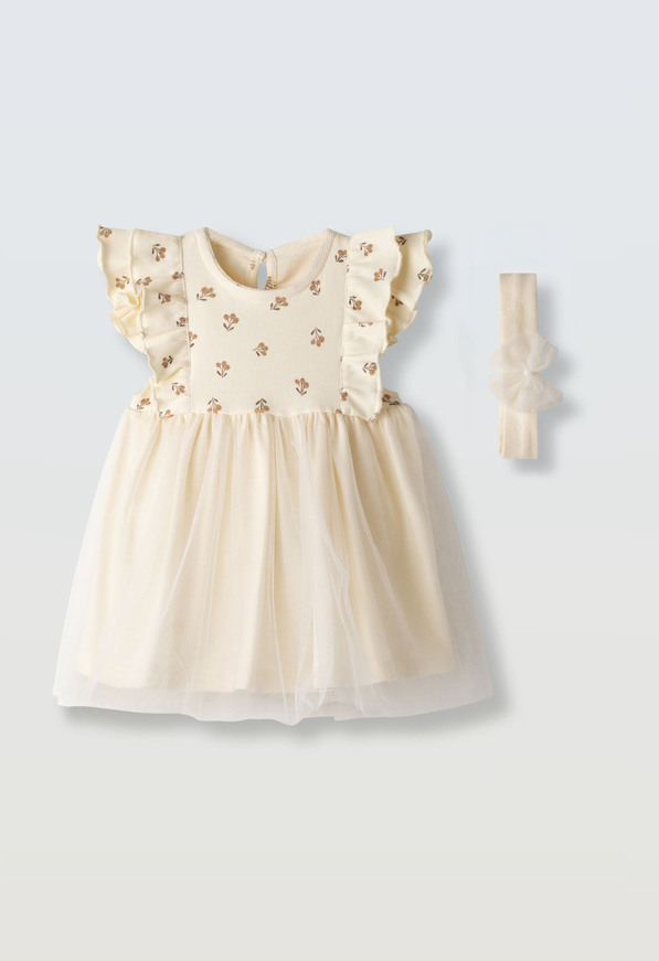 Βαμβακερό φόρεμα ΕΒΙΤΑ σε μπεζ χρώμα με ασορτί κορδέλα.