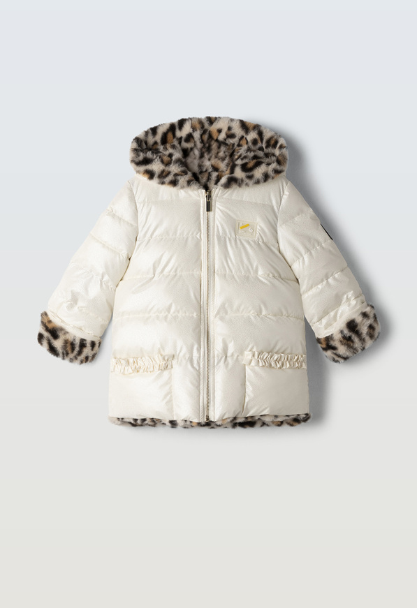Μπουφάν-γουνάκι ΕΒΙΤΑ διπλής όψεως σε εκρού χρώμα με animal print.