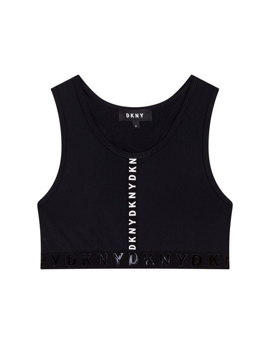 Sports bra D.K.N.Y. in black color with embossed letters.
