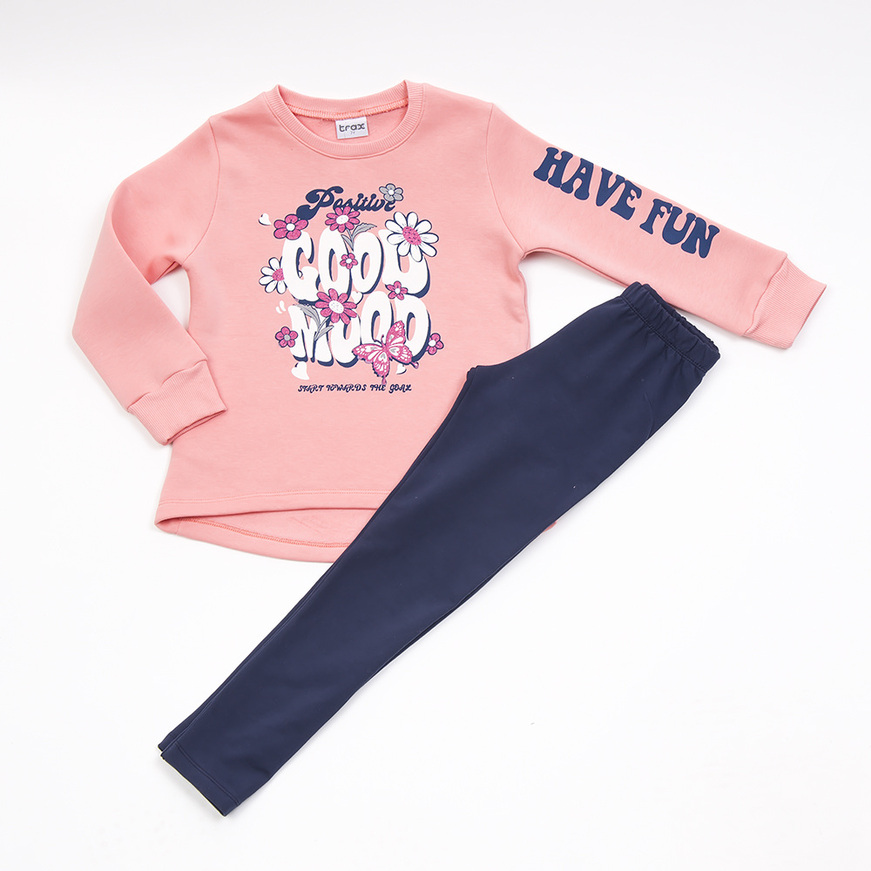 TRAX leggings set in candy pink color with "GOOD MOOD" embossed logo.