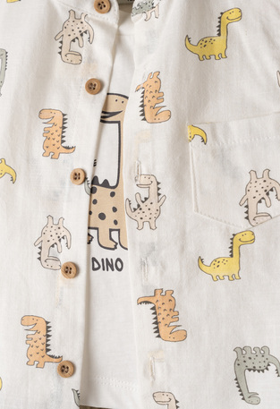 Σετ 3 τεμ. HASHTAG, πουκάμισο με all-over τύπωμα, μπλούζα και βερμούδα σε χρώμα καφέ.