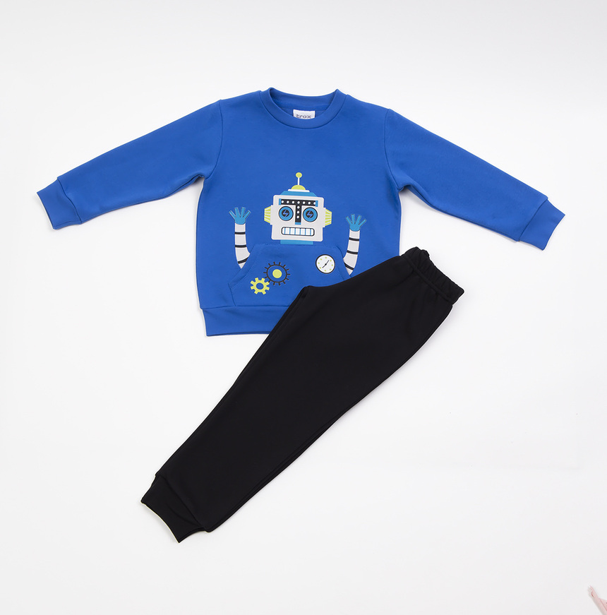 TRAX tracksuit set, rouge blue top with robot print and trousers with elastic hem.