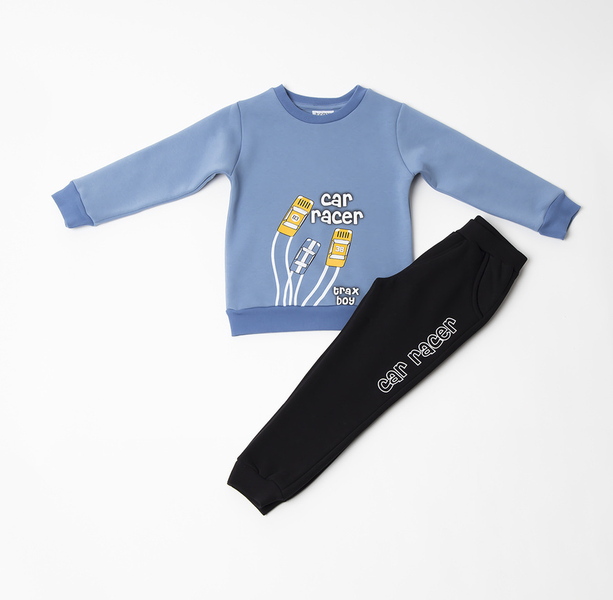 TRACH tracksuit set, sweatshirt in blue raff color and pants in black color.