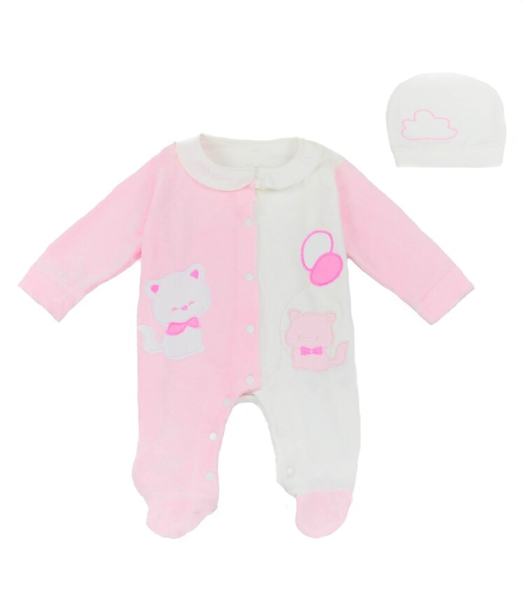 EBITA velor bodysuit in pink-ecru color with embossed kitten pattern and matching cap.