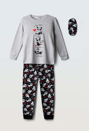 HOMMIES pajamas with matching sleep mask in gray-black.