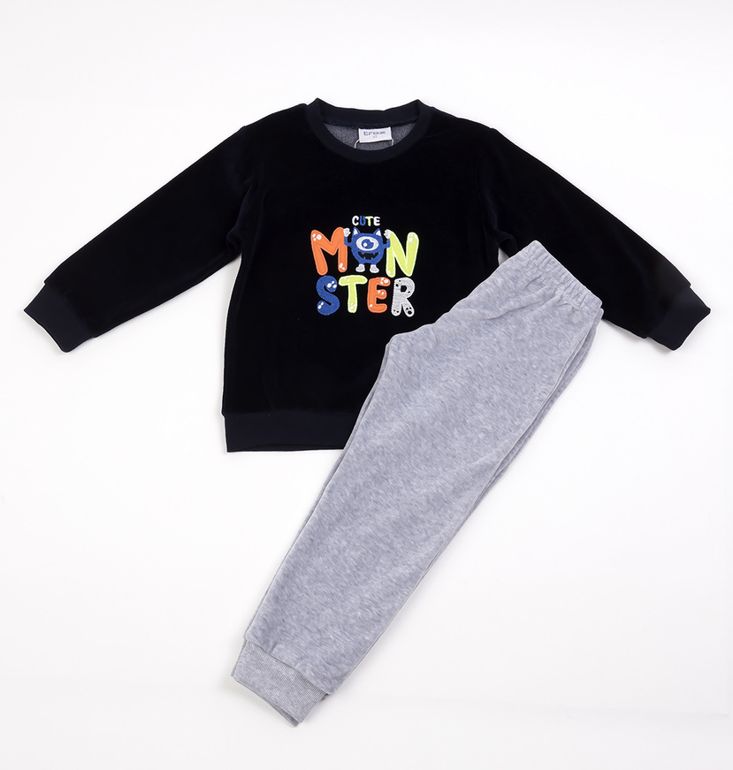 TRAX velor pajamas in blue-grey color with embossed ''cute MONSTER'' print.