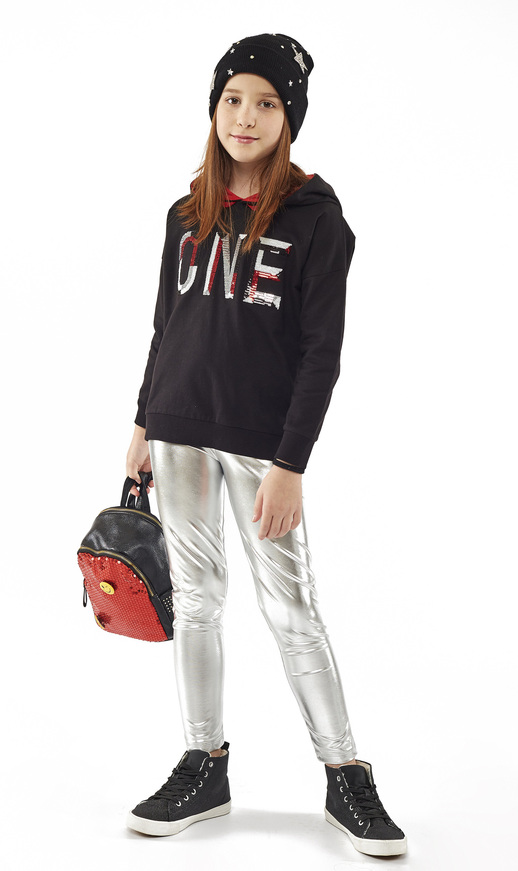 EBITA leggings set, cotton blouse with hood and shiny elastic leggings.