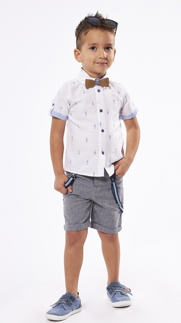 HASHTAG bermuda set in gray color with wooden bow tie.