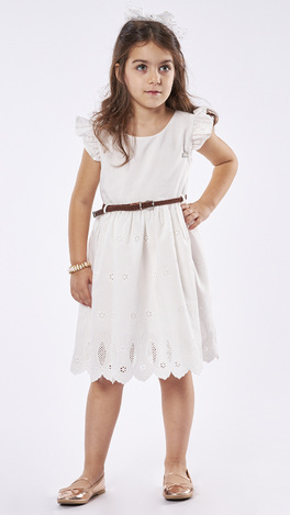 EBITA dress in white color with ruffles on the sleeves.