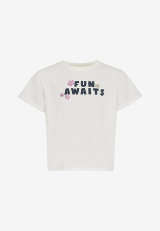 MEXX shirt in off-white color with "FUN AWAITS" logo.