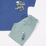 TRAX shorts set in indigo blue with "URBAN ART" logo.