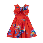LAPIN HOUSE dress in coral color with a print of exotic flowers and birds.