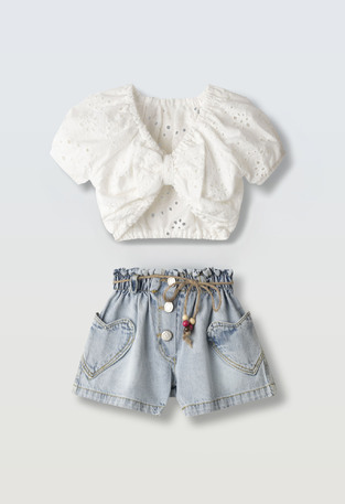 EVITA denim shorts set in soft ecru color.