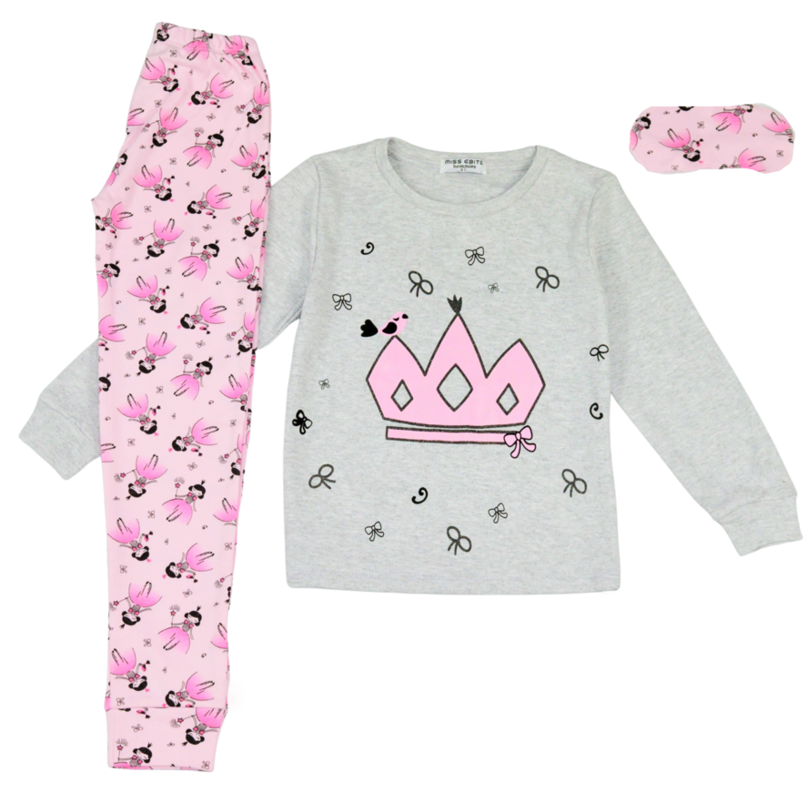 Hommies pajamas in gray with fairies and matching sleep mask.