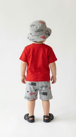 TRAX shorts set in red with gray and matching hat.