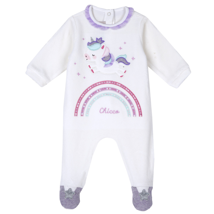 CHICCO velor bodysuit in white color with unicorn.