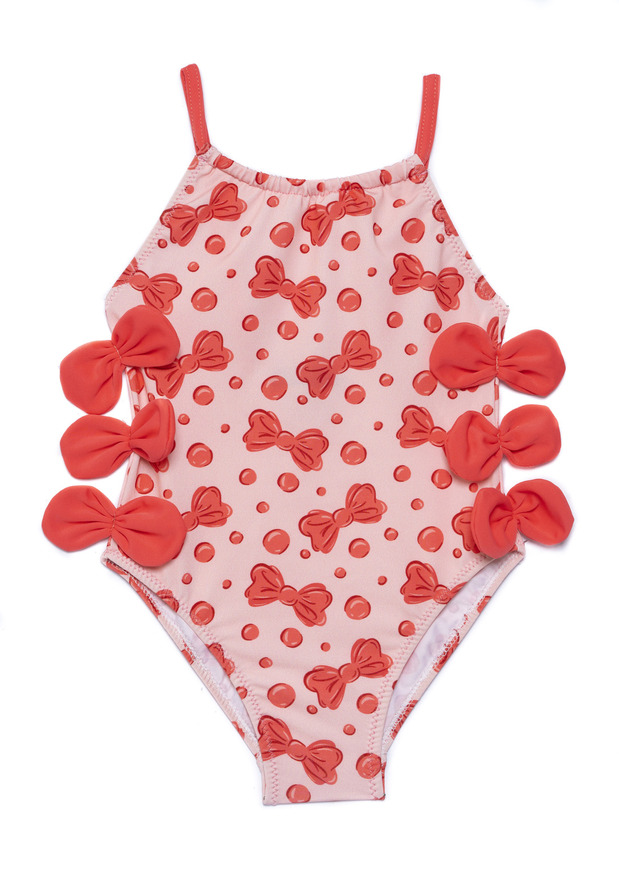 TORTUE one-piece swimsuit in pink with bow print.